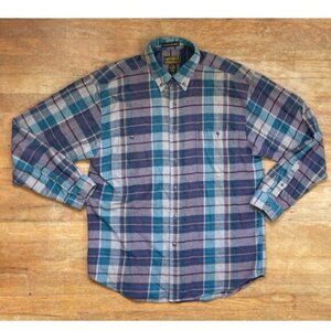 Vintage Mens Plaid Flannel Shirt Size Large 1990s Eddie Bauer Purple/Teal Cotton